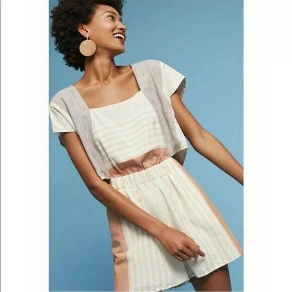 Elevenses Anthropologie Striped Linen Open Split Back Short Romper Size XS - Picture 1 of 11
